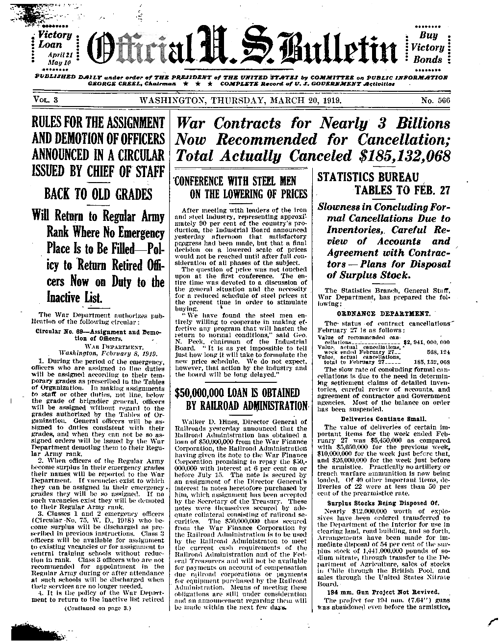 Official U. S. Bulletin: Thursday, March 20, 1919