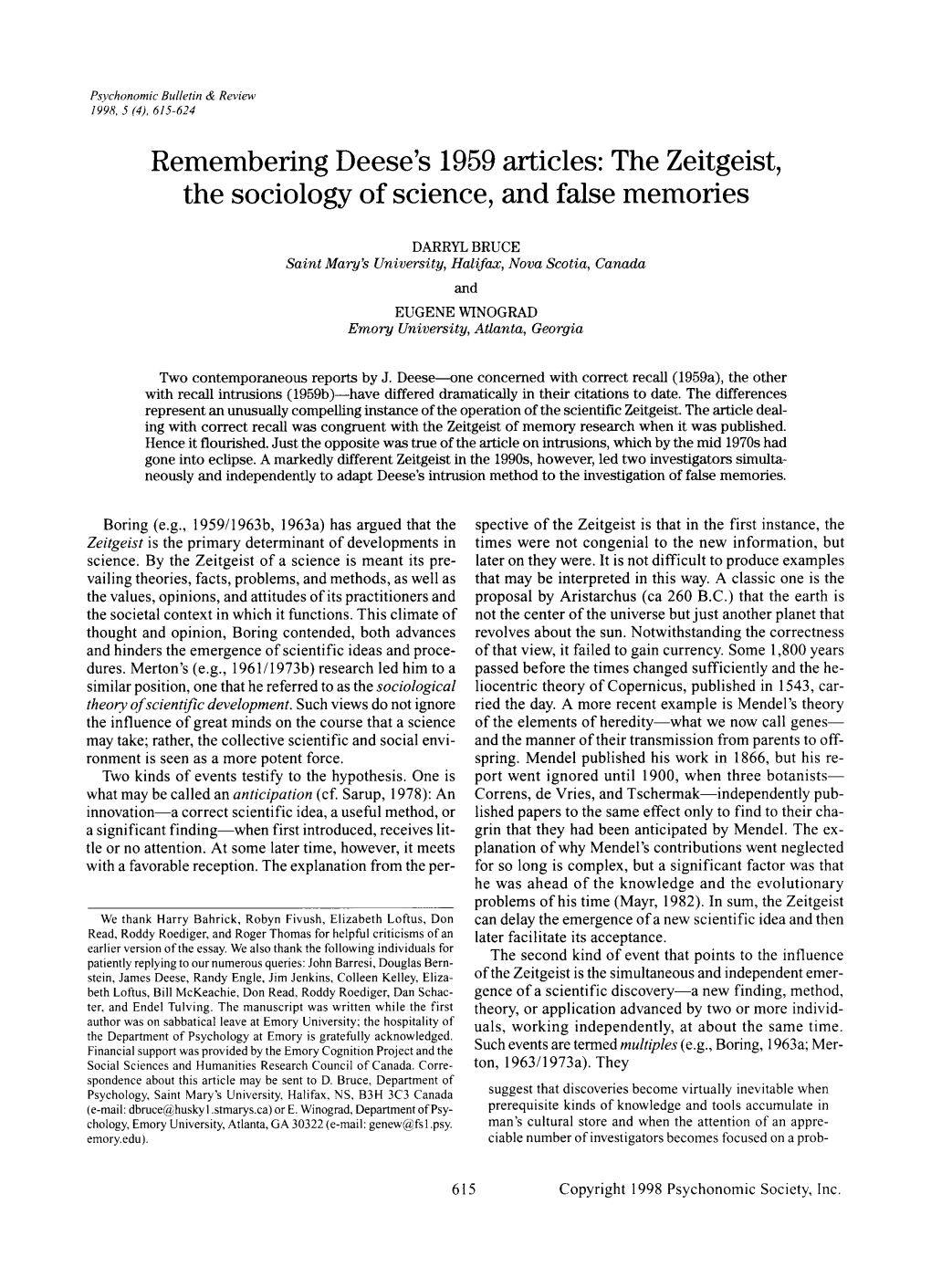 S 1959 Articles: the Zeitgeist, the Sociology of Science, and False Memories