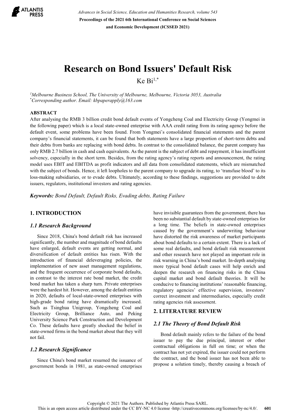 Research on Bond Issuers' Default Risk Ke Bi1,*