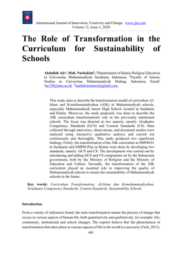 The Role of Transformation in the Curriculum for Sustainability of Schools