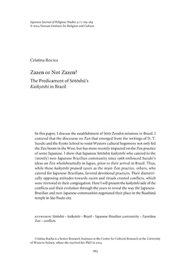 Zazen Or Not Zazen? the Predicament of Sotoshu5s Kaikydshi in Brazil