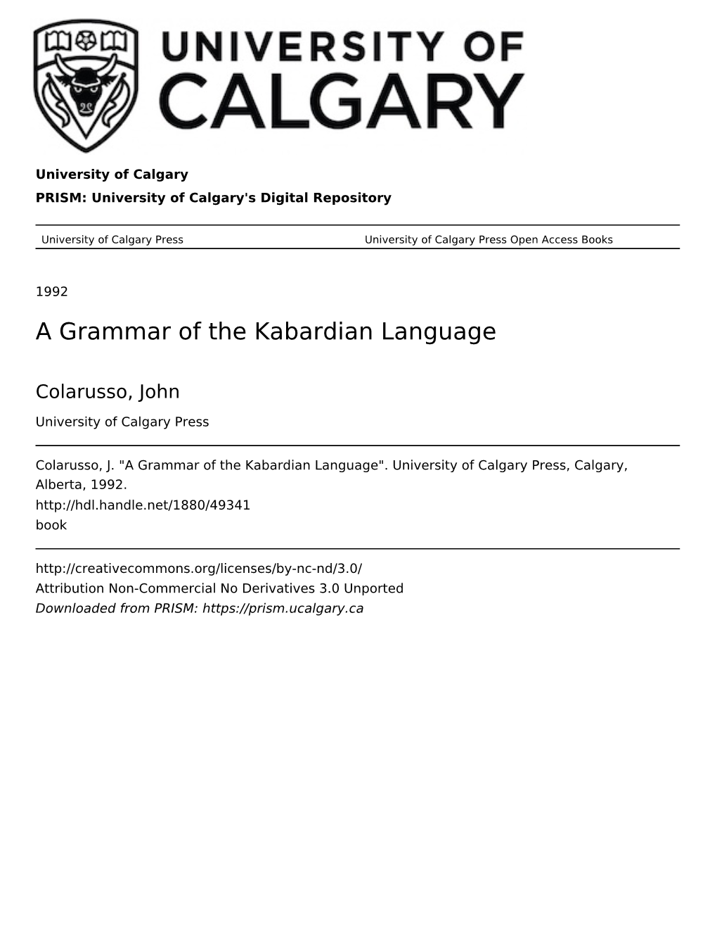 A Grammar of the Kabardian Language