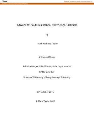 Edward W. Said: Resistance, Knowledge, Criticism