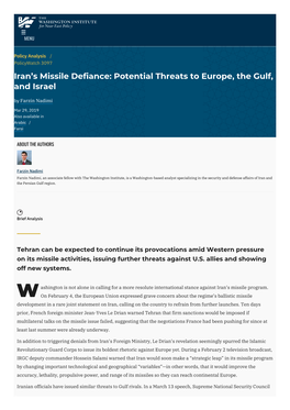 Iran's Missile Defiance: Potential Threats to Europe, the Gulf, and Israel | the Washington Institute