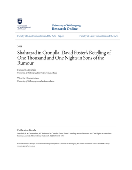 Shahrazad in Cronulla: David Foster's Retelling of One Thousand and One Nights in Sons of the Rumour Farzaneh Mayabadi University of Wollongong, Fm676@Uowmail.Edu.Au