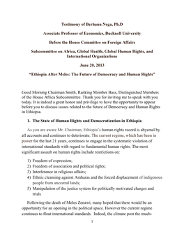 Testimony of Berhanu Nega, Ph.D Associate Professor of Economics, Bucknell University Before the House Committee on Foreign