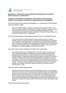 Bangladesh – Researched and Compiled by the Refugee Documentation Centre of Ireland on 28 April 2011