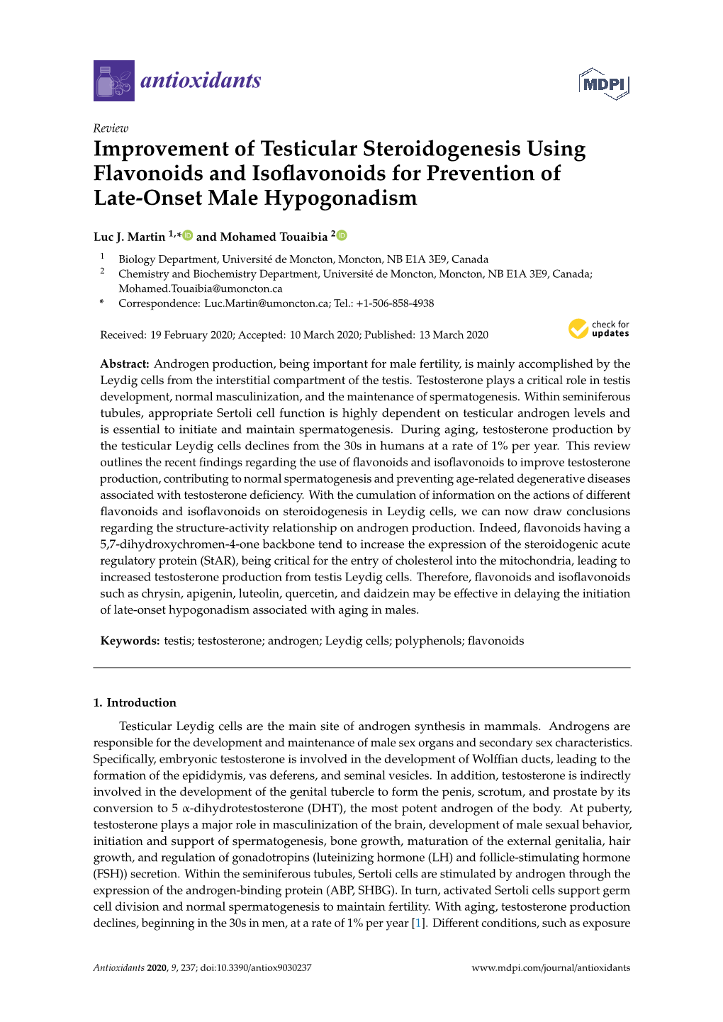 Improvement of Testicular Steroidogenesis Using Flavonoids and Isoﬂavonoids for Prevention of Late-Onset Male Hypogonadism