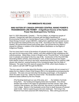 Innu Nation Press Release on CMP NE Clean Energy Connect