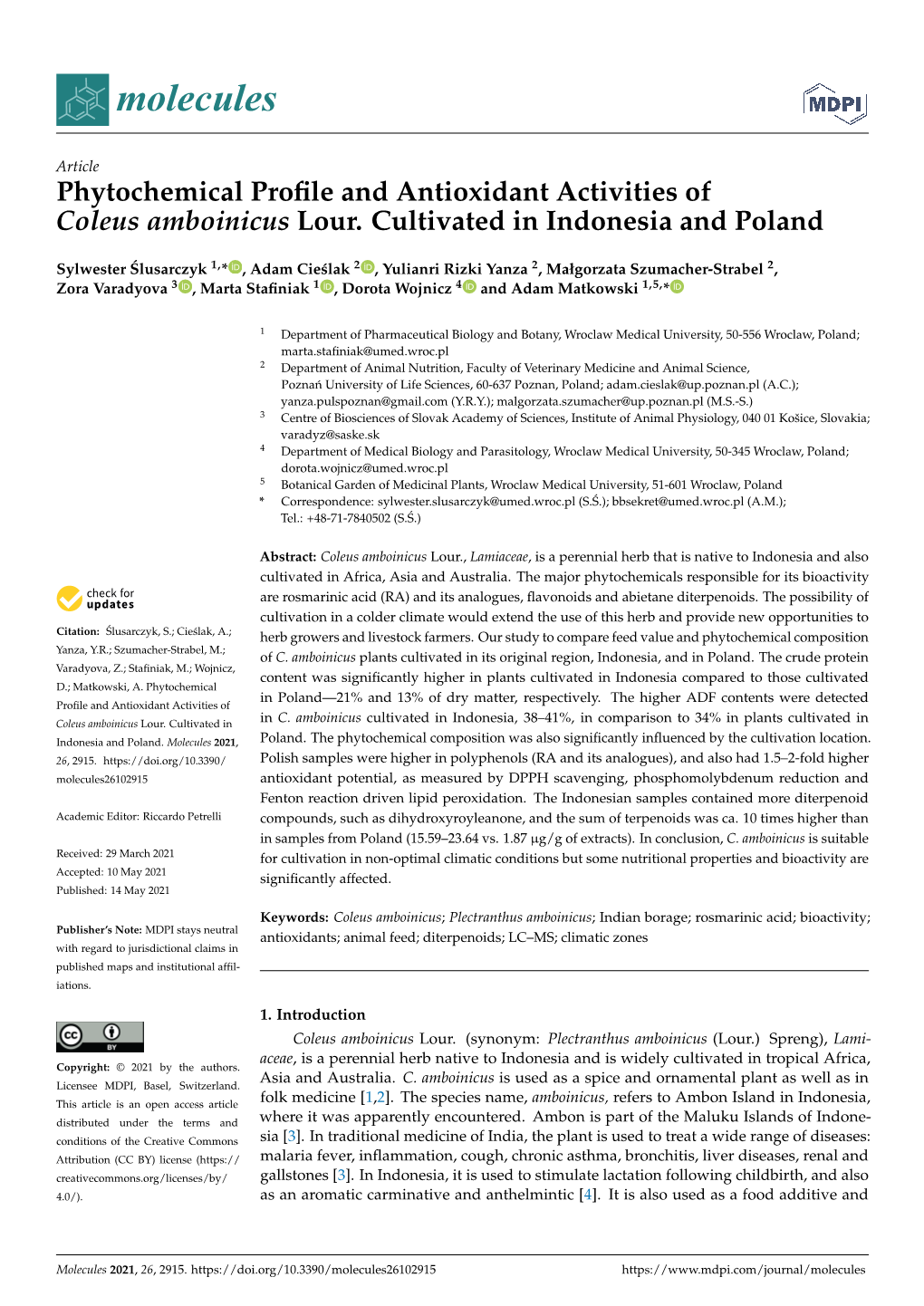 Phytochemical Profile and Antioxidant Activities of Coleus Amboinicus Lour. Cultivated in Indonesia and Poland