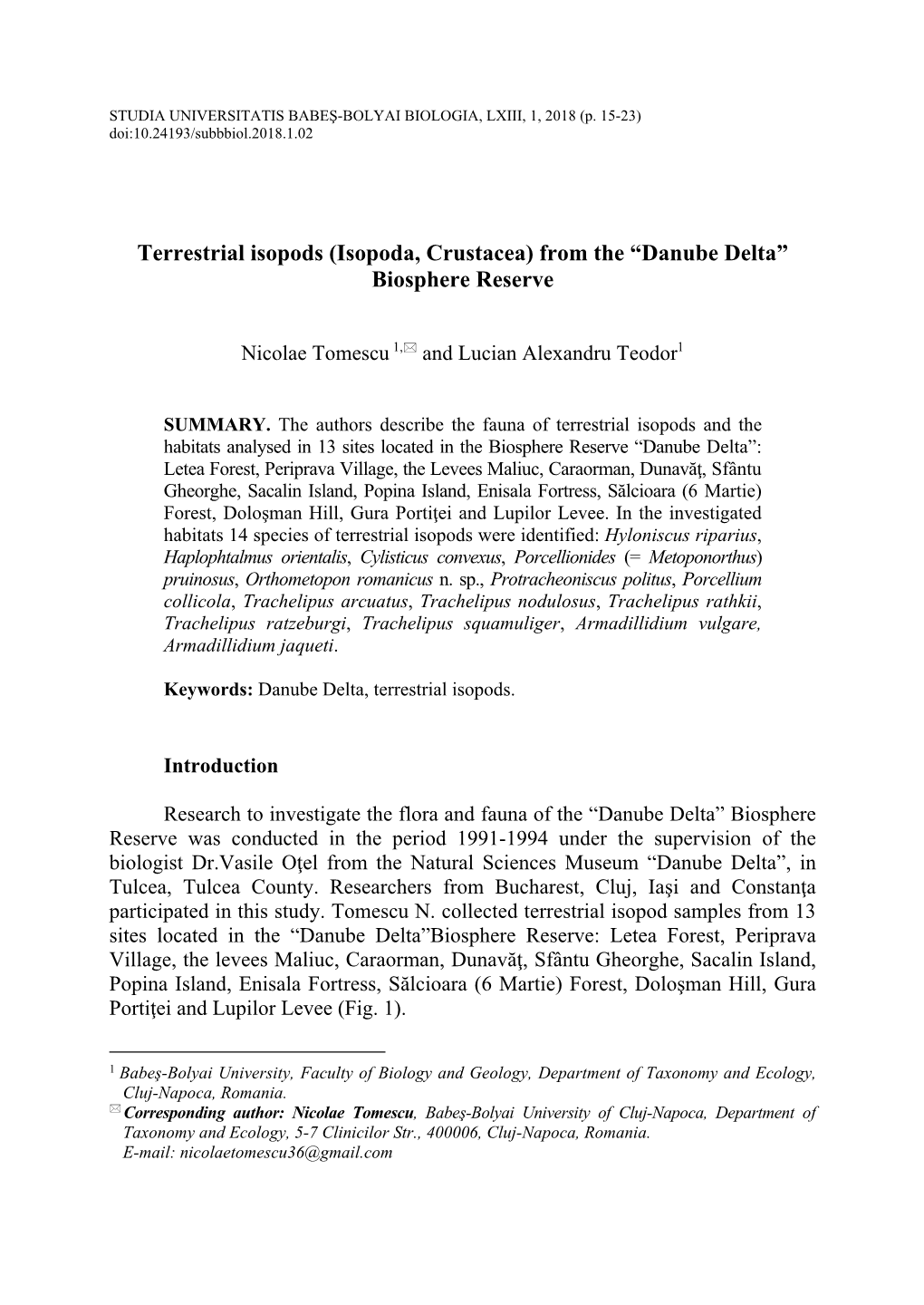 Terrestrial Isopods (Isopoda, Crustacea) from the “Danube Delta” Biosphere Reserve