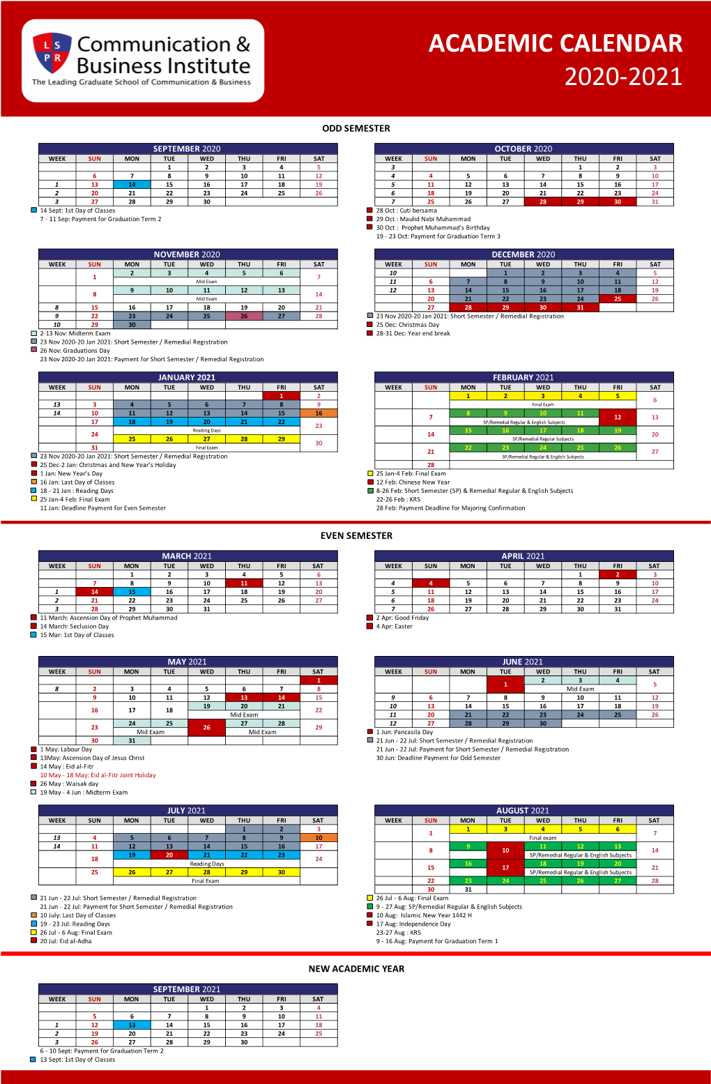 Rectorate Academic Calendar 2020-2021