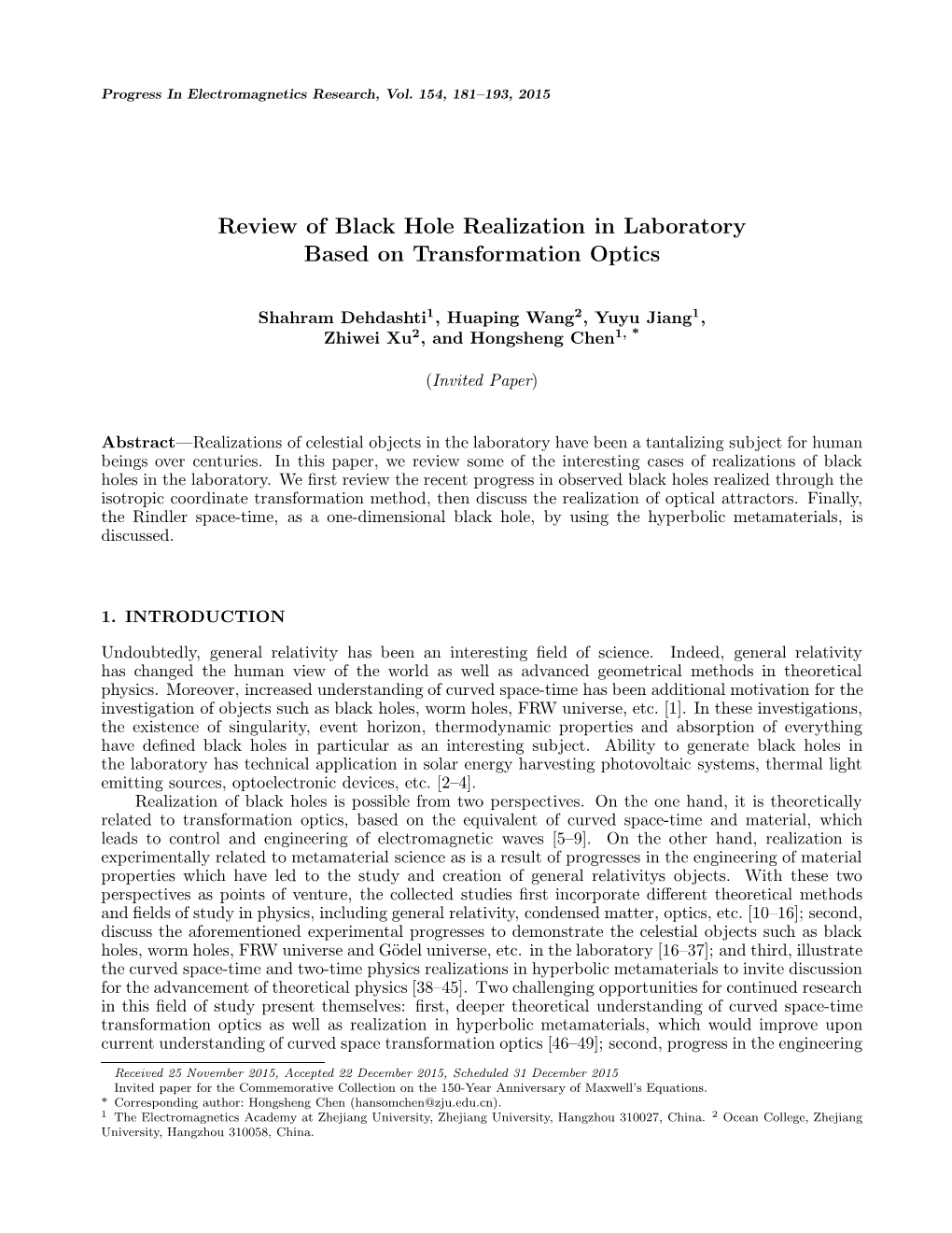 Review of Black Hole Realization in Laboratory Based on Transformation Optics