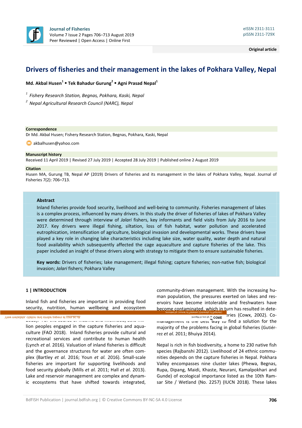 Drivers of Fisheries and Their Management in the Lakes of Pokhara Valley, Nepal