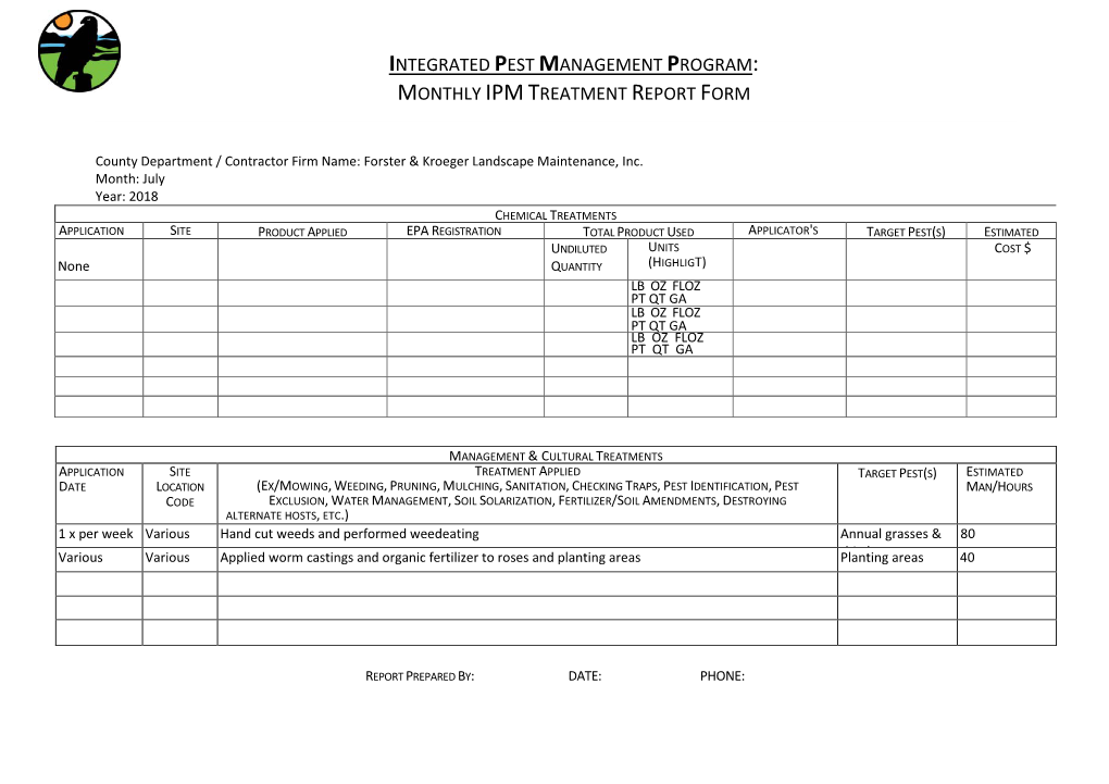 Integrated Pest Management Program: Monthly Ipm Treatment Report Form