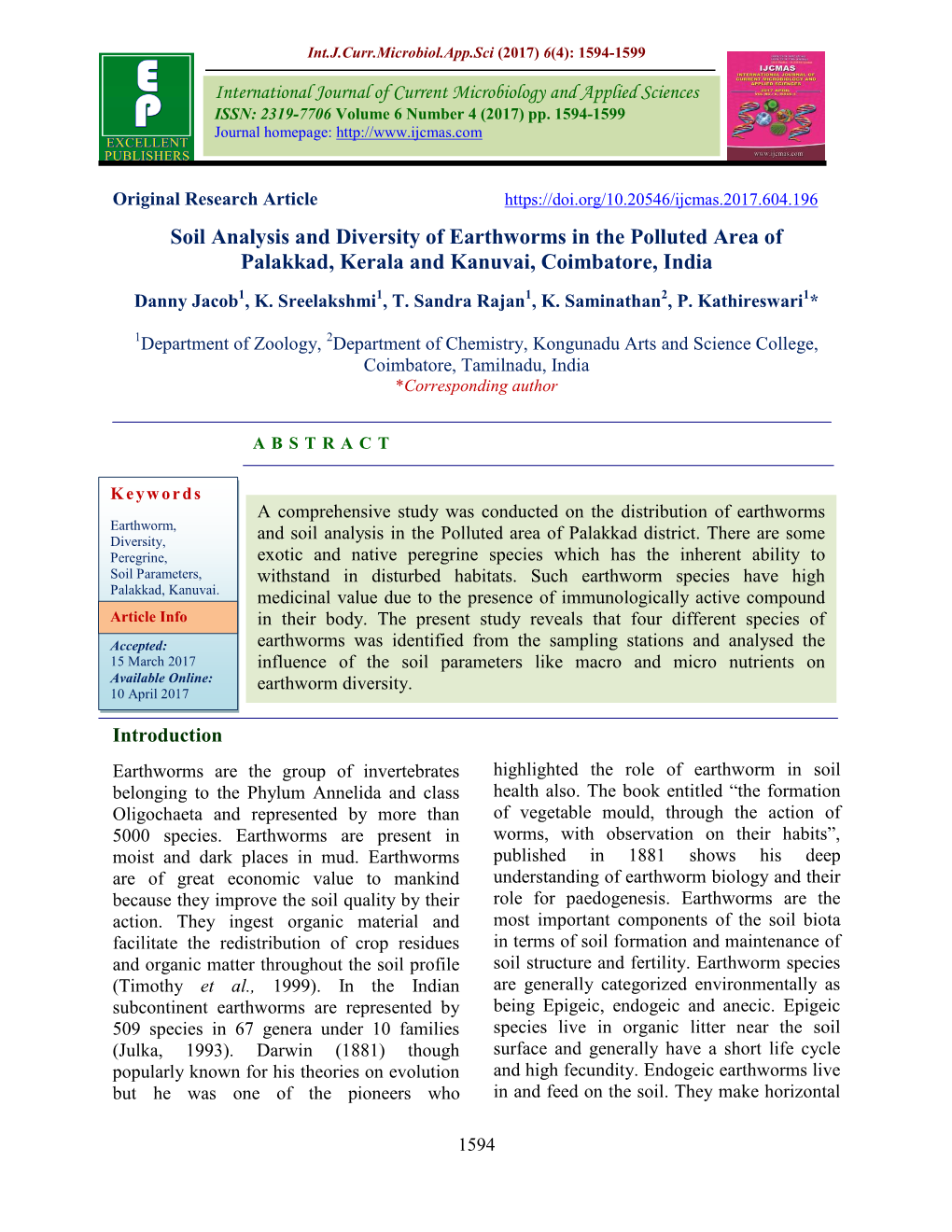 Soil Analysis and Diversity of Earthworms in the Polluted Area of Palakkad, Kerala and Kanuvai, Coimbatore, India