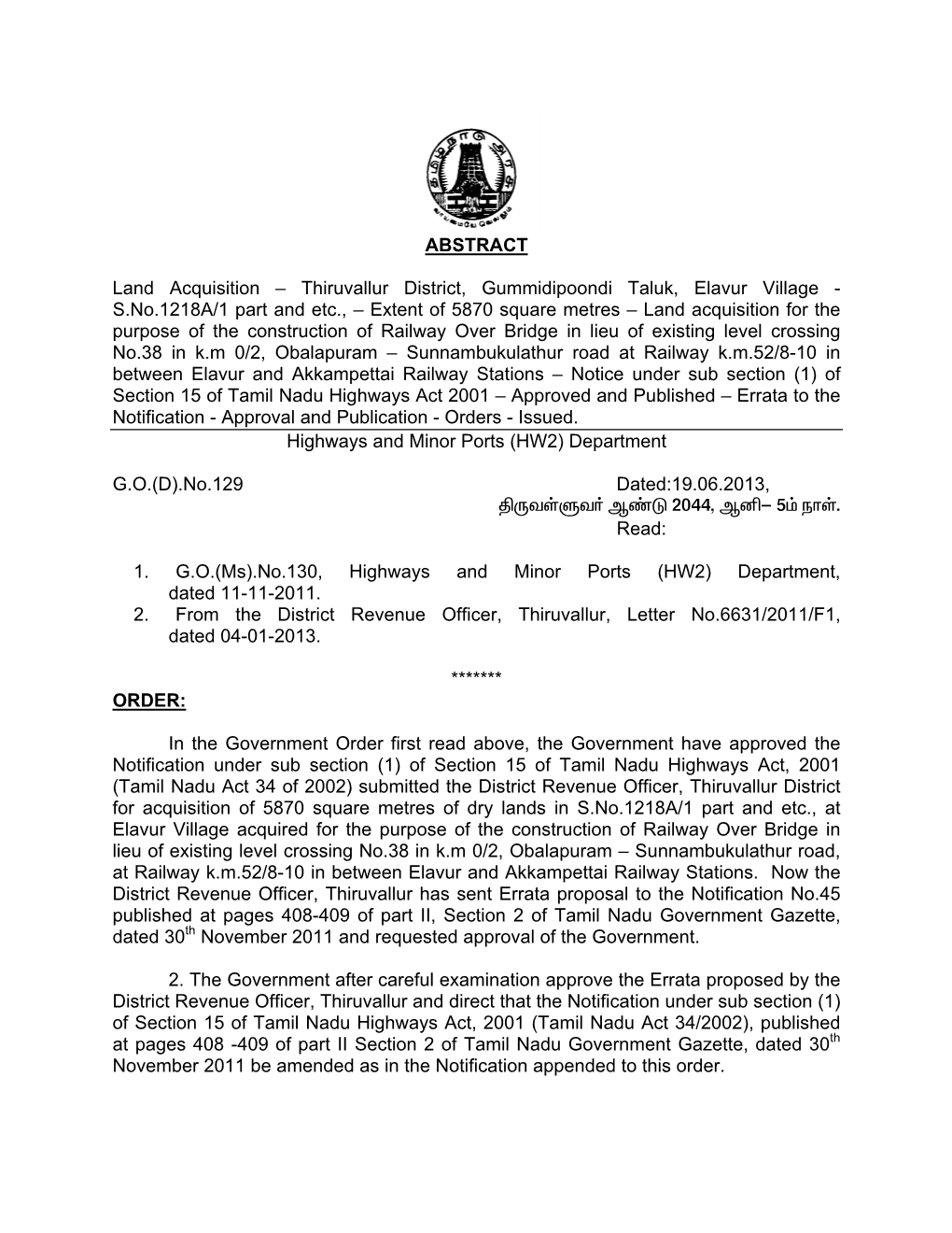ABSTRACT Land Acquisition – Thiruvallur District, Gummidipoondi