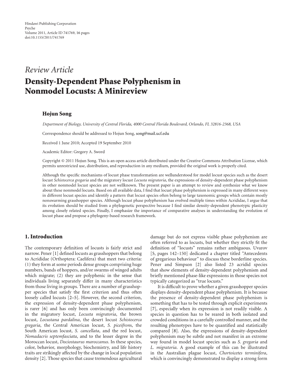 Review Article Density-Dependent Phase Polyphenism in Nonmodel Locusts: a Minireview