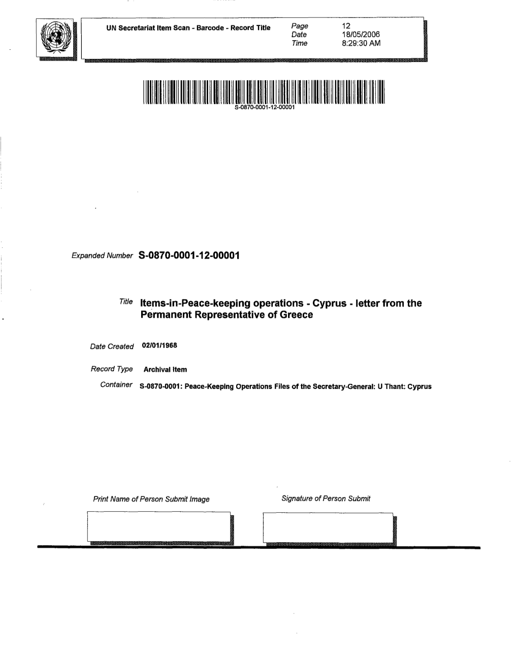 Title Items-In-Peace-Keeping Operations - Cyprus - Letter from the Permanent Representative of Greece