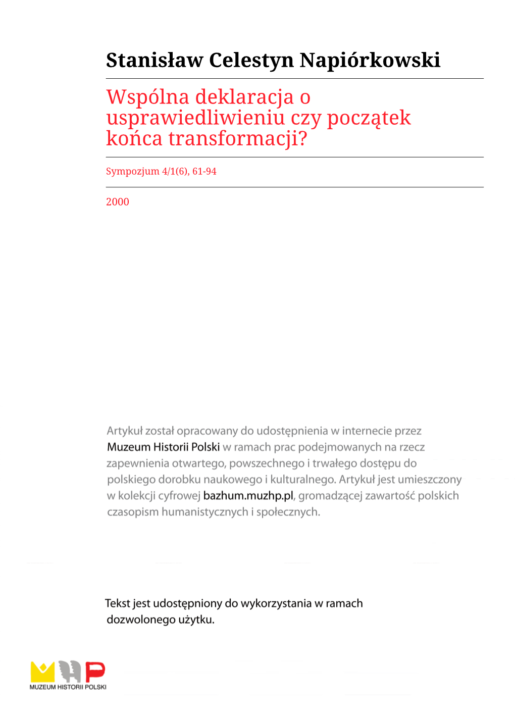 Stanisław Celestyn Napiórkowski Wspólna Deklaracja O Usprawiedliwieniu Czy Początek Końca Transformacji?