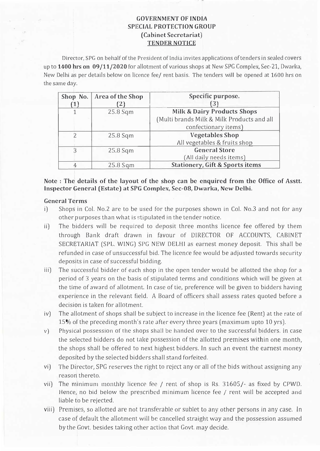 Tender for Allotment of Shops in SPG