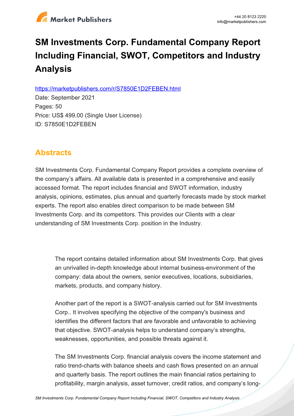 SM Investments Corp. Fundamental Company Report Including