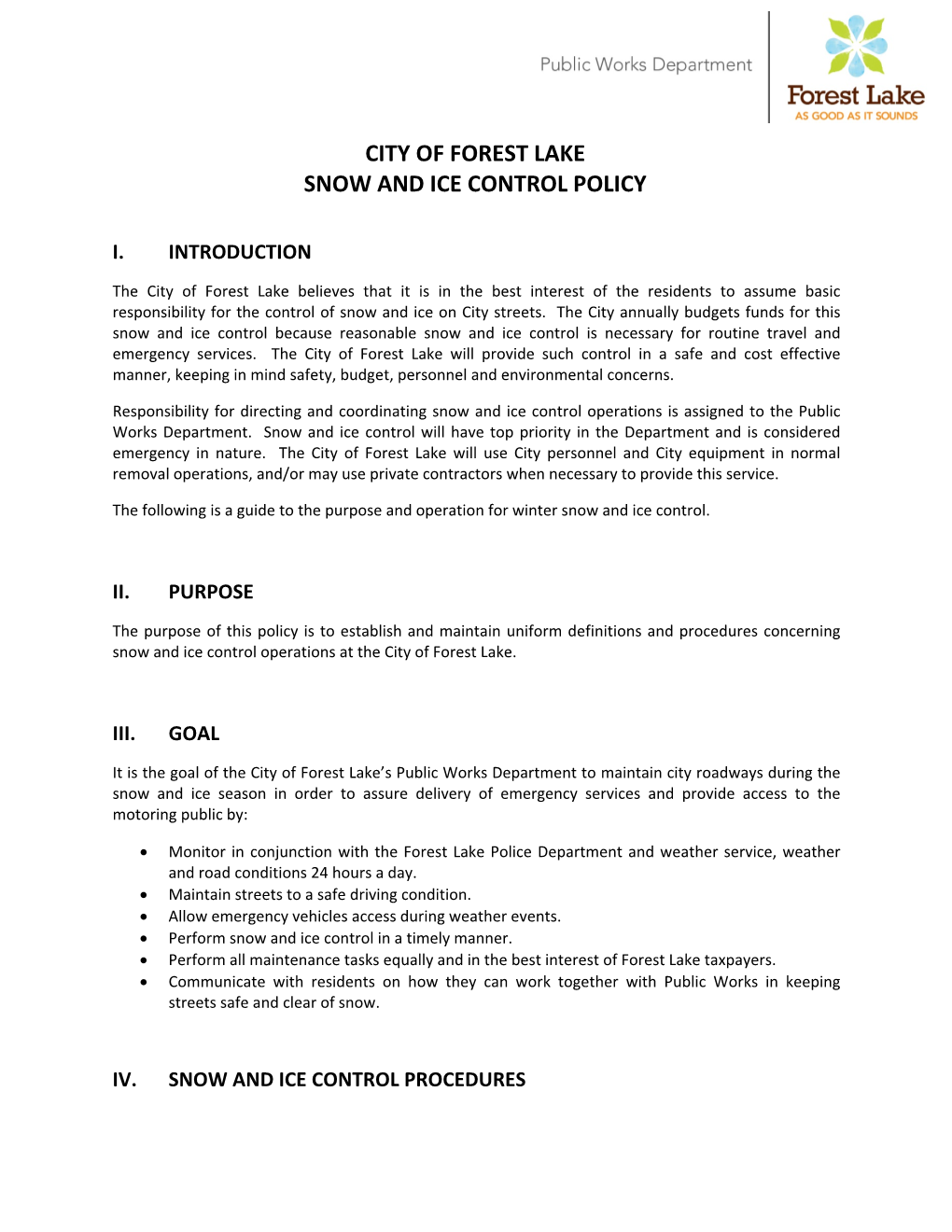 City of Forest Lake Snow and Ice Control Policy