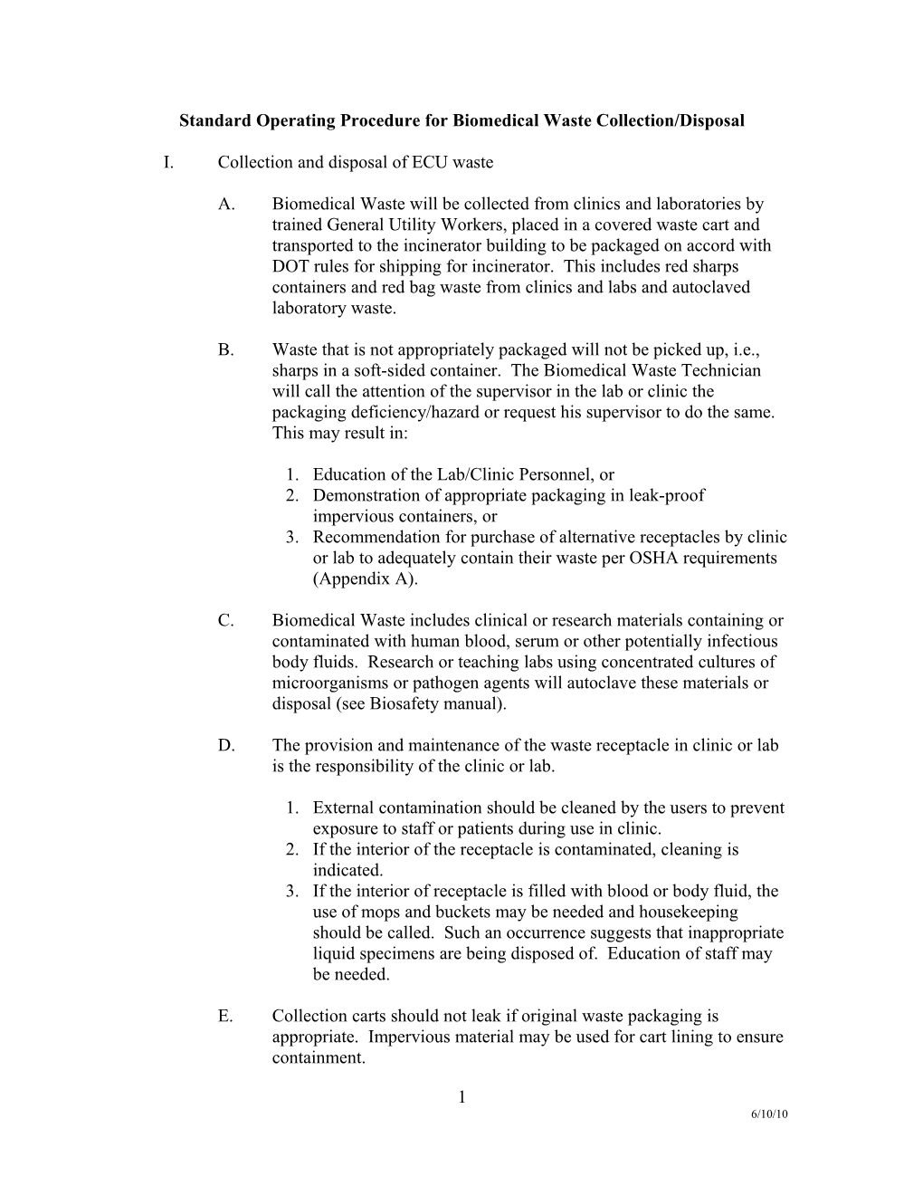 Standard Operating Procedure for Biomedical Waste Collection/Disposal