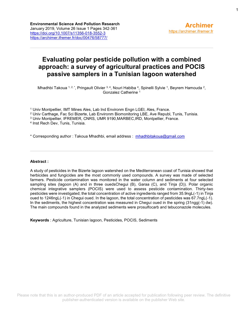 A Survey of Agricultural Practices and POCIS Passive Samplers in a Tunisian Lagoon Watershed