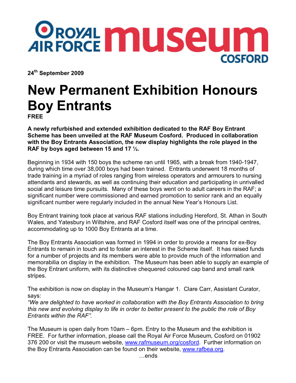 New Permanent Exhibition Honours Boy Entrants FREE