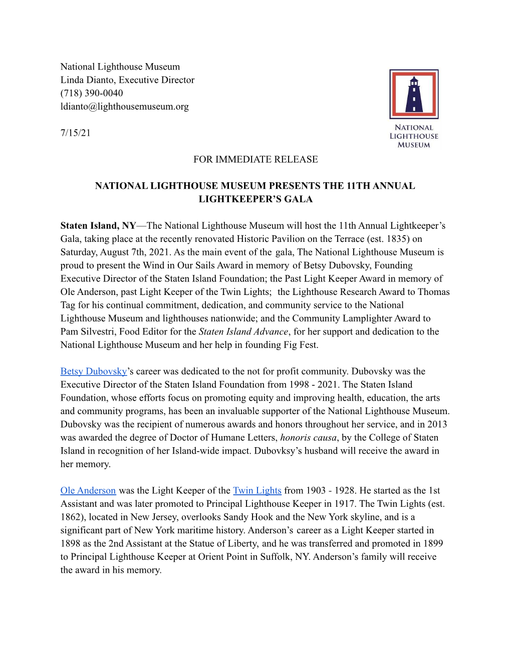 Press Release Lightkeeper's Gala 7/8/21