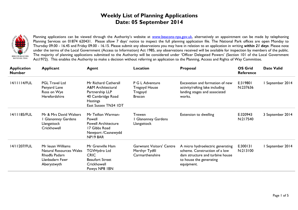 Weekly List of Planning Applications Date: 05 September 2014