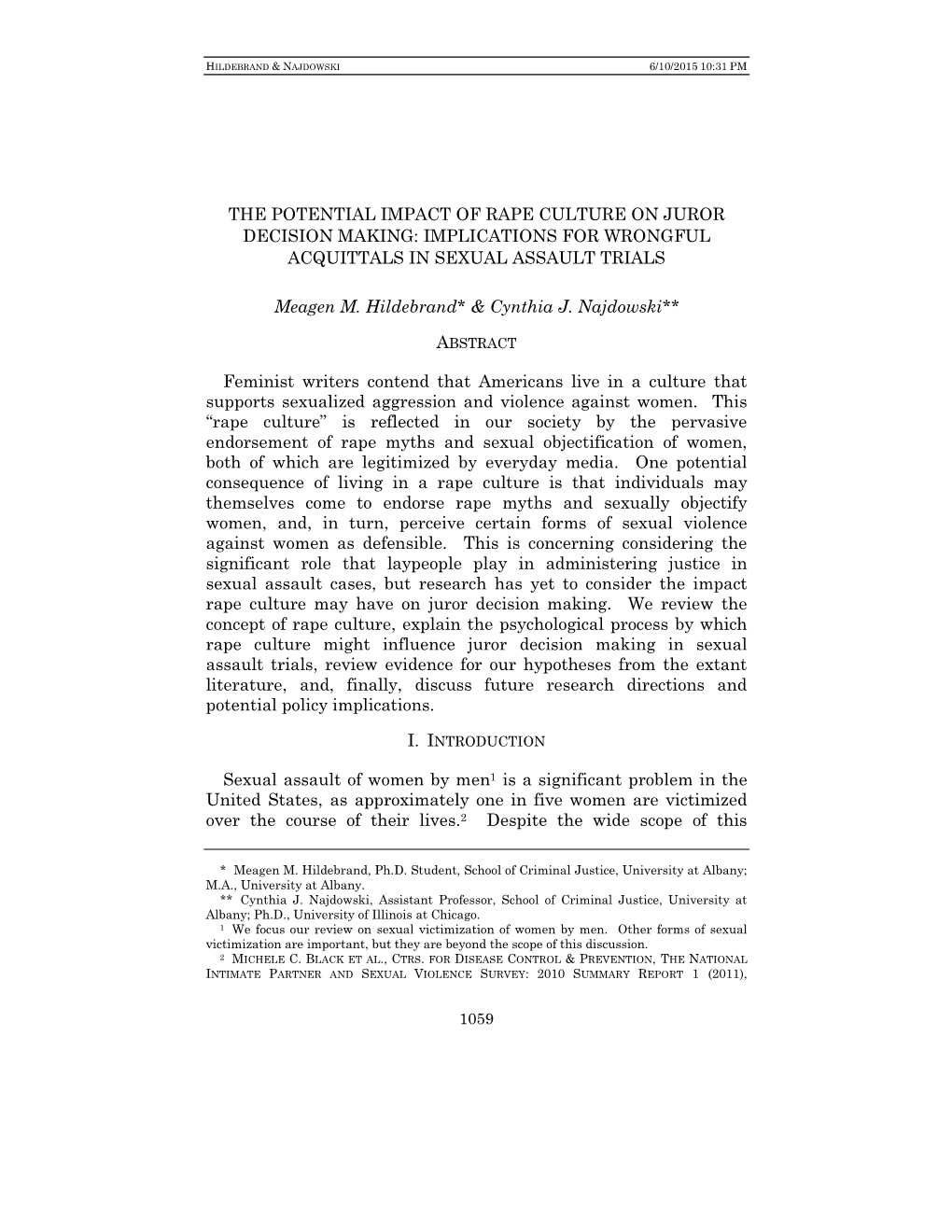 The Potential Impact of Rape Culture on Juror Decision Making: Implications for Wrongful Acquittals in Sexual Assault Trials