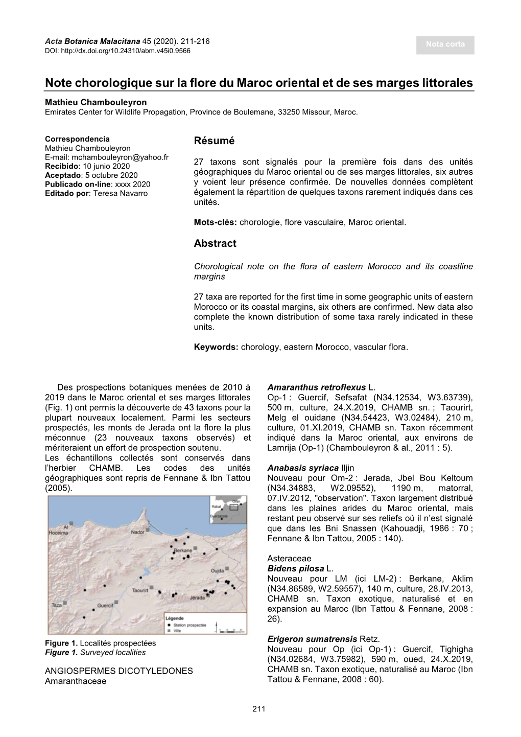 Note Chorologique Sur La Flore Du Maroc Oriental Et De Ses Marges Littorales