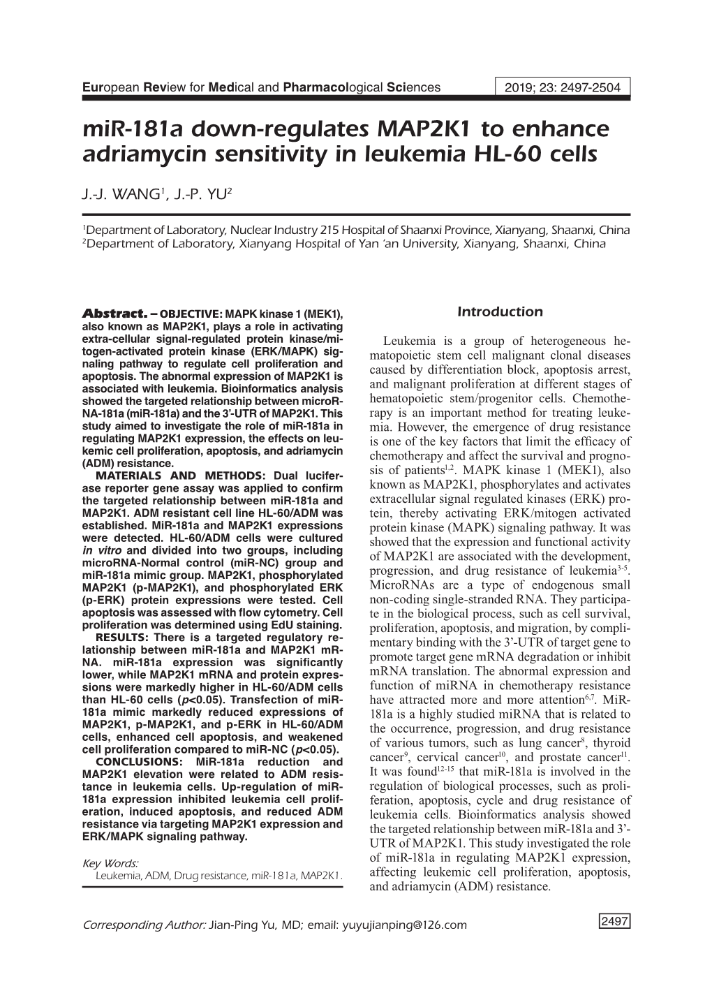 Mir-181A Down-Regulates MAP2K1 to Enhance Adriamycin Sensitivity in Leukemia HL-60 Cells