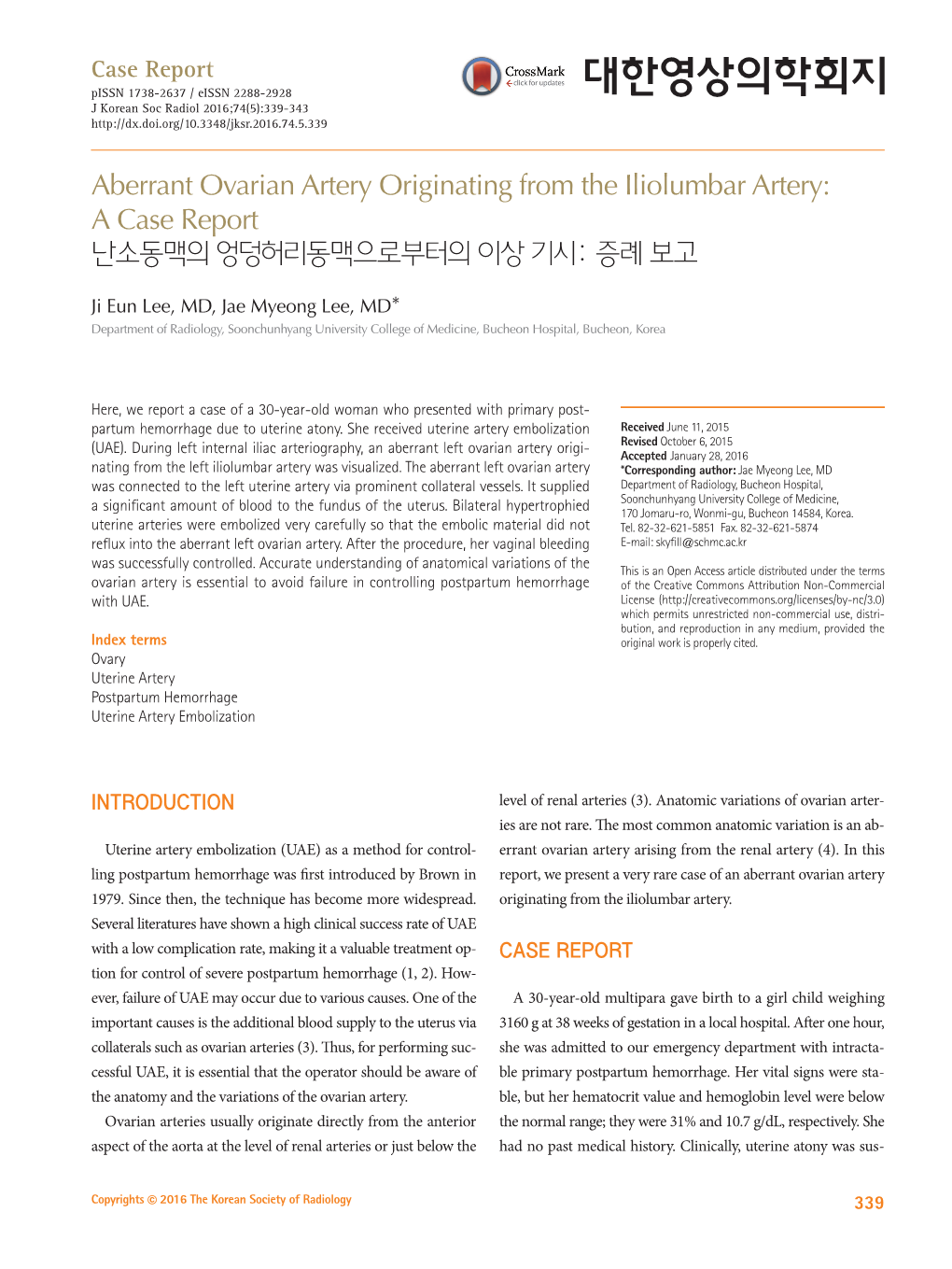 Aberrant Ovarian Artery Originating from the Iliolumbar Artery: a Case Report 난소동맥의 엉덩허리동맥으로부터의 이상 기시: 증례 보고