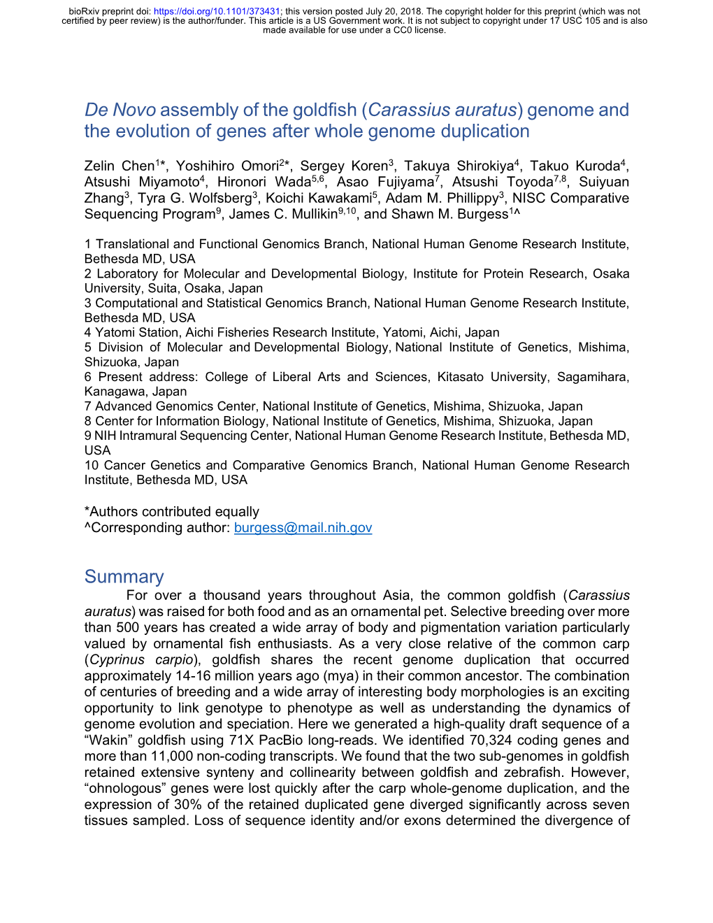 Carassius Auratus) Genome and the Evolution of Genes After Whole Genome Duplication