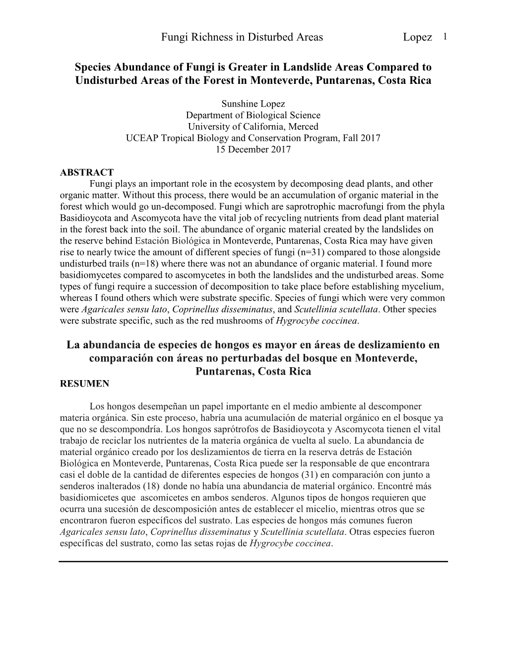 Fungi Richness in Disturbed Areas Lopez 1 Species Abundance Of