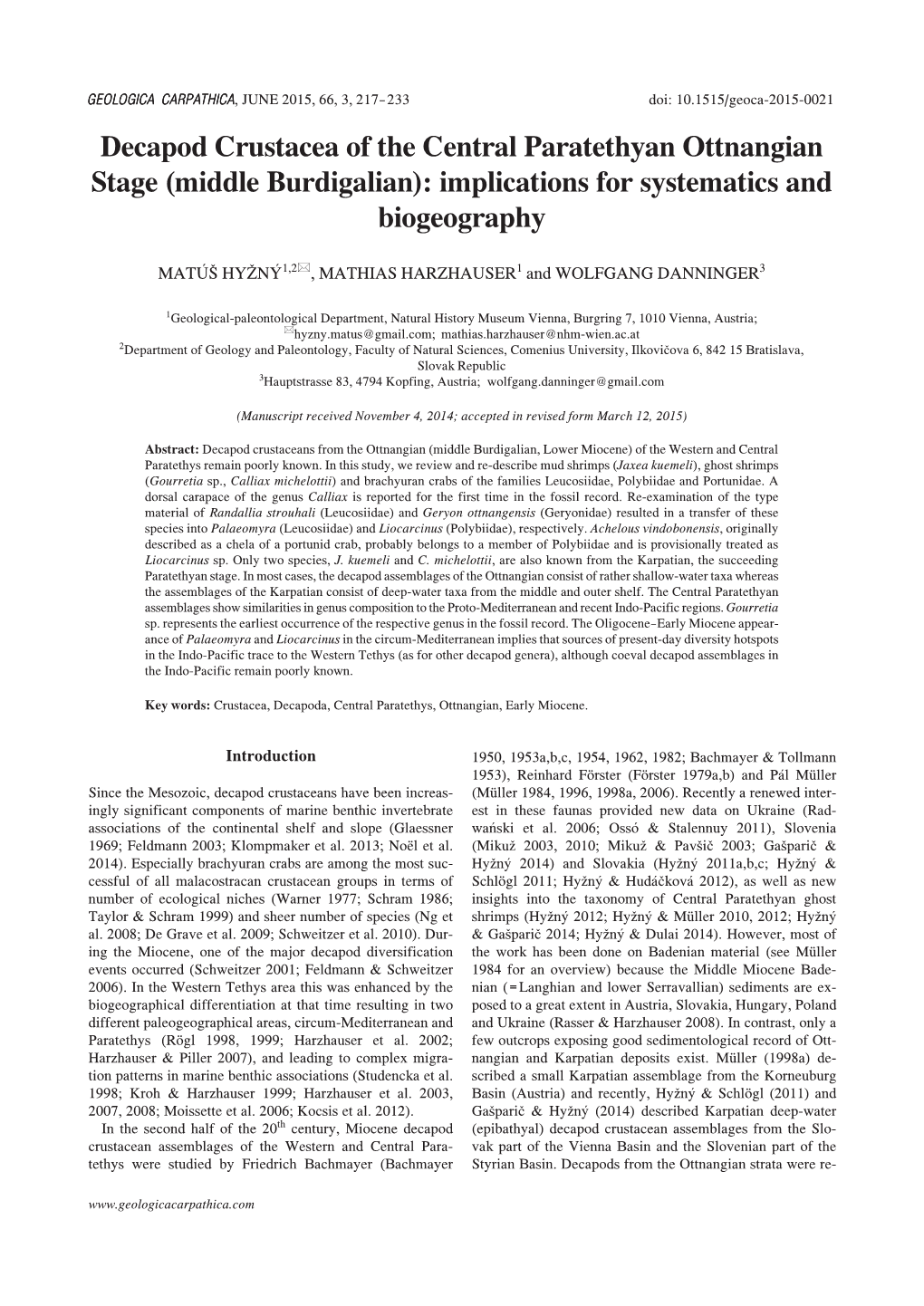 Decapod Crustacea of the Central Paratethyan Ottnangian Stage (Middle Burdigalian): Implications for Systematics and Biogeography