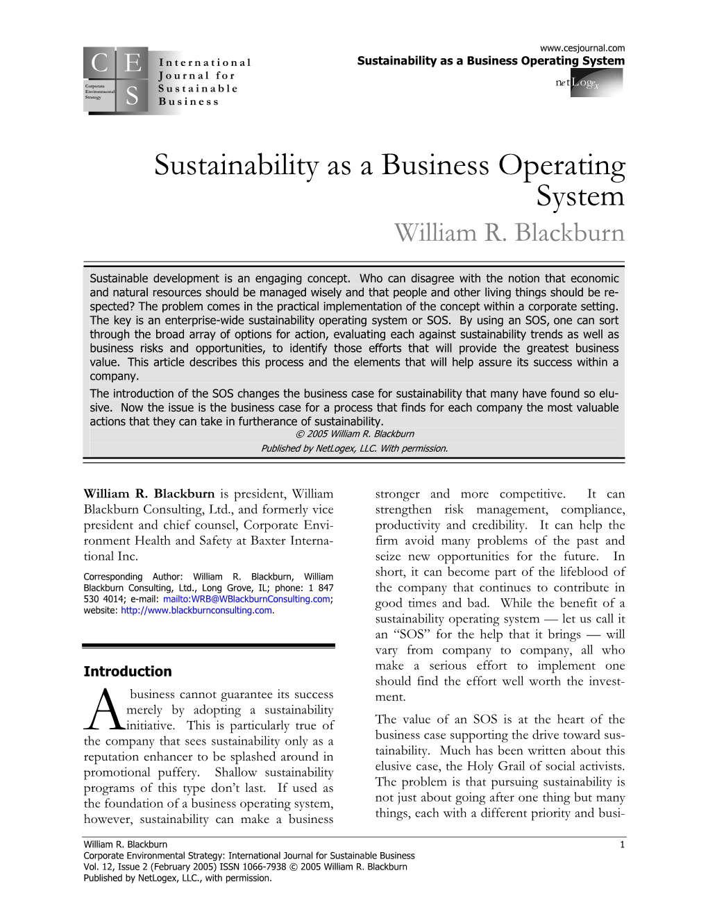 Sustainability As a Business Operating System