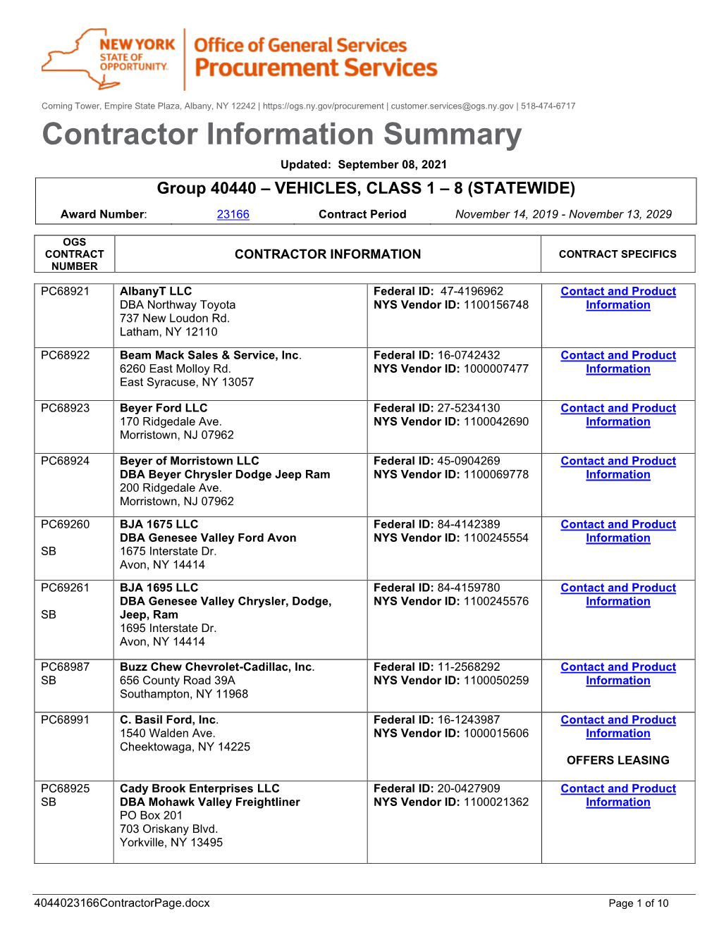 Contractor Information Summary