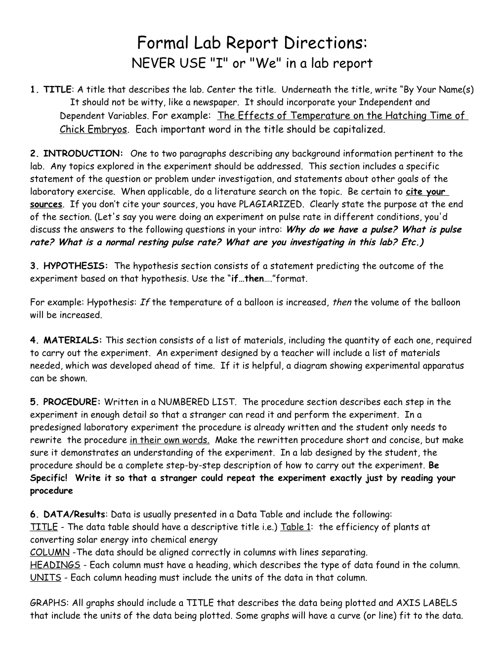 Formal Lab Report Directions