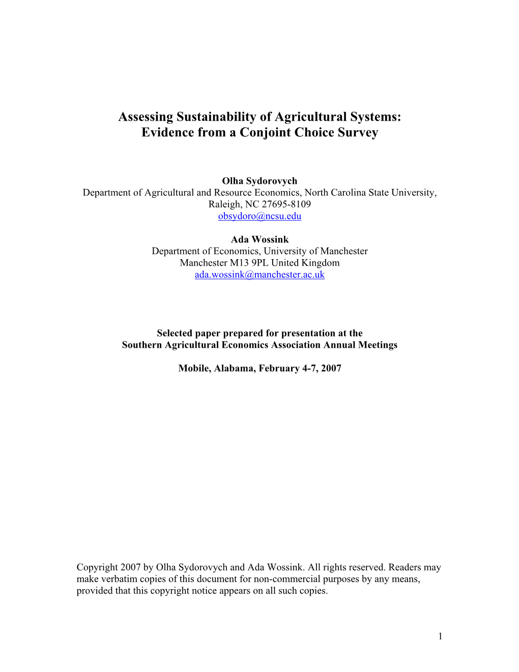 Assessing Sustainability of Agricultural Systems: Evidence from a Conjoint Choice Survey