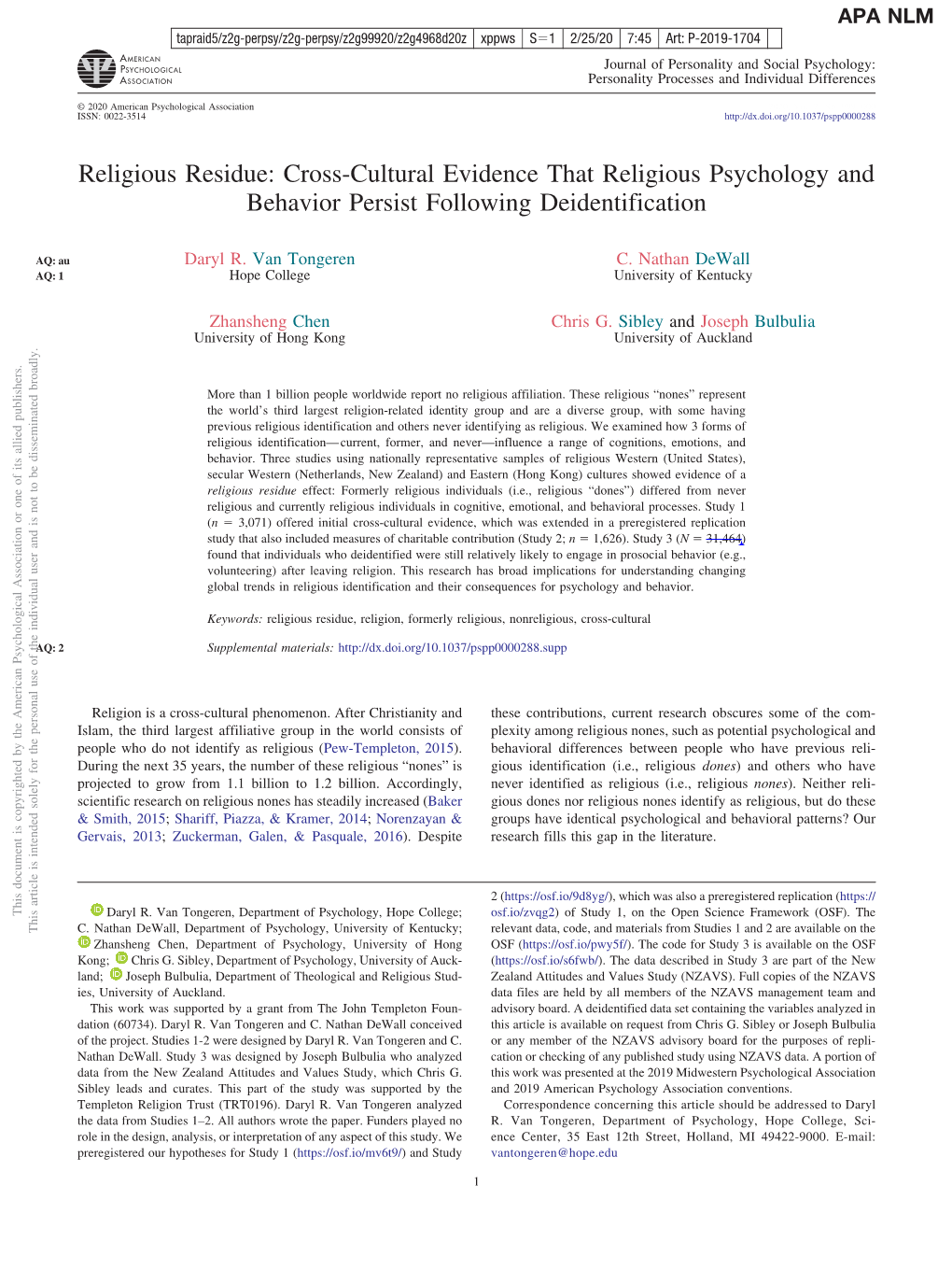 Religious Residue: Cross-Cultural Evidence That Religious Psychology and Behavior Persist Following Deidentification