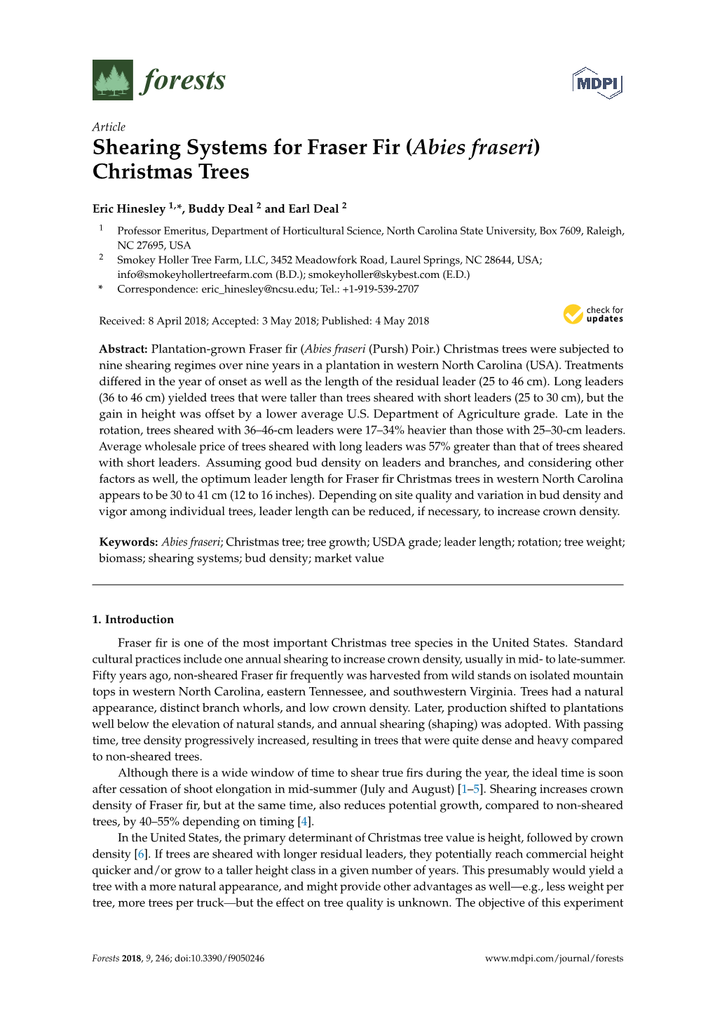 Shearing Systems for Fraser Fir (Abies Fraseri) Christmas Trees