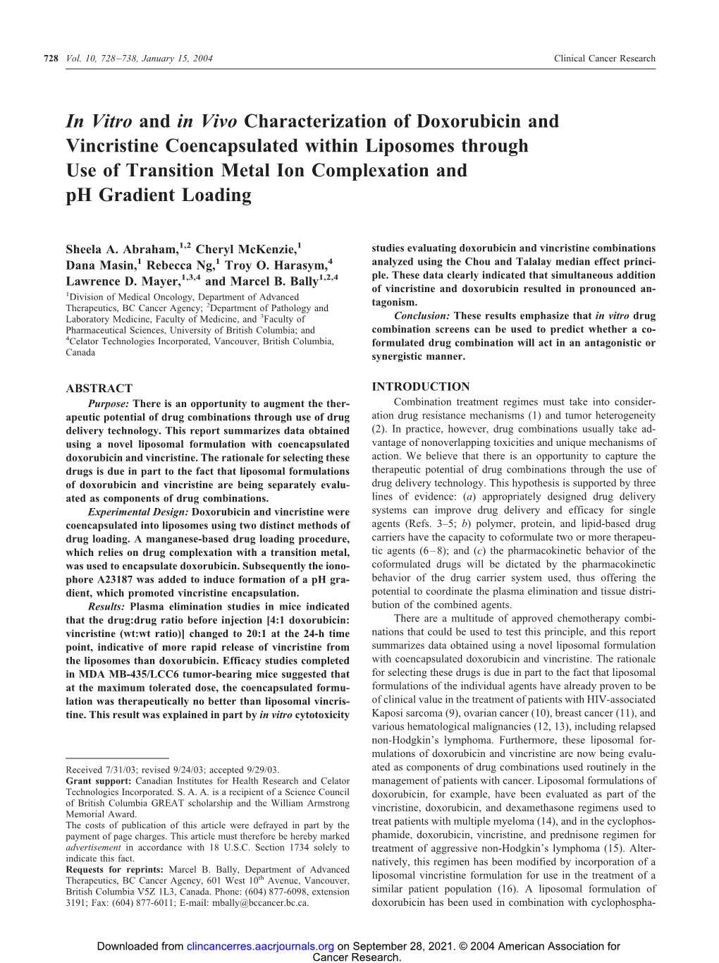 In Vitro and in Vivo Characterization of Doxorubicin and Vincristine