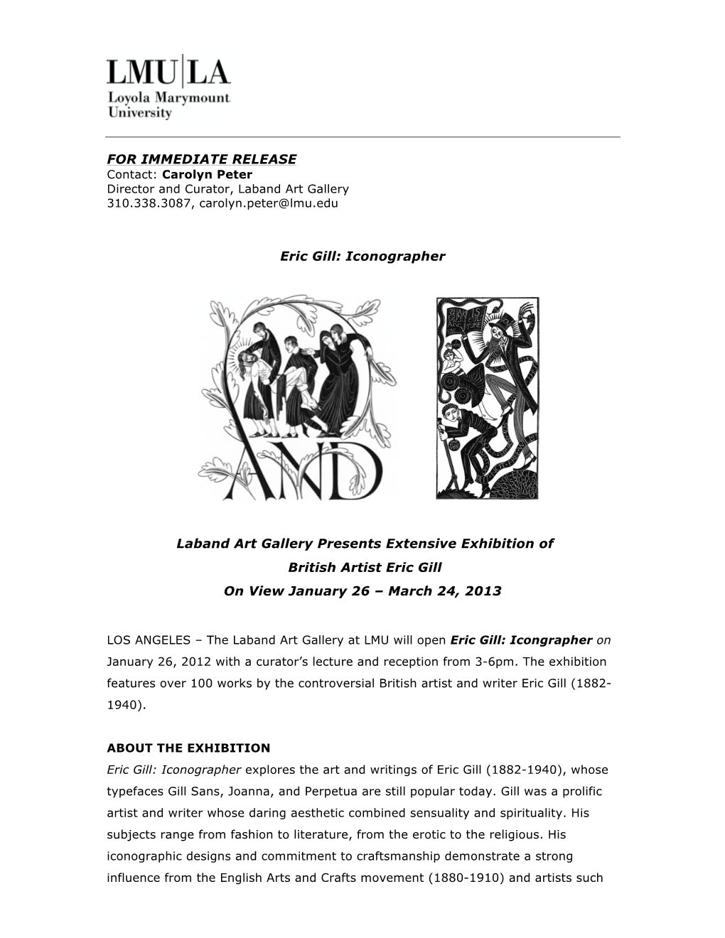 FOR IMMEDIATE RELEASE Eric Gill: Iconographer Laband Art Gallery