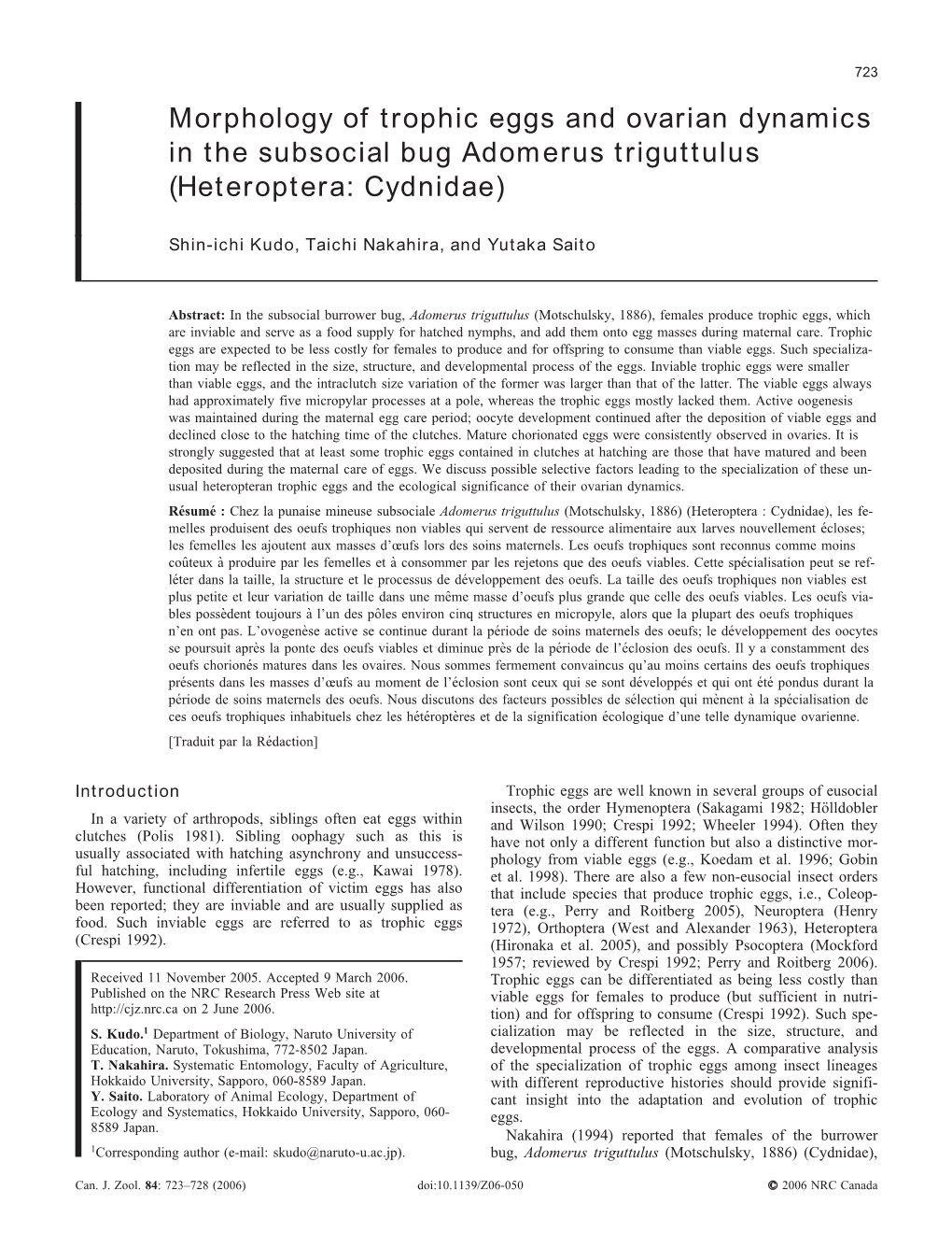 Morphology of Trophic Eggs and Ovarian Dynamics in the Subsocial Bug Adomerus Triguttulus (Heteroptera: Cydnidae)