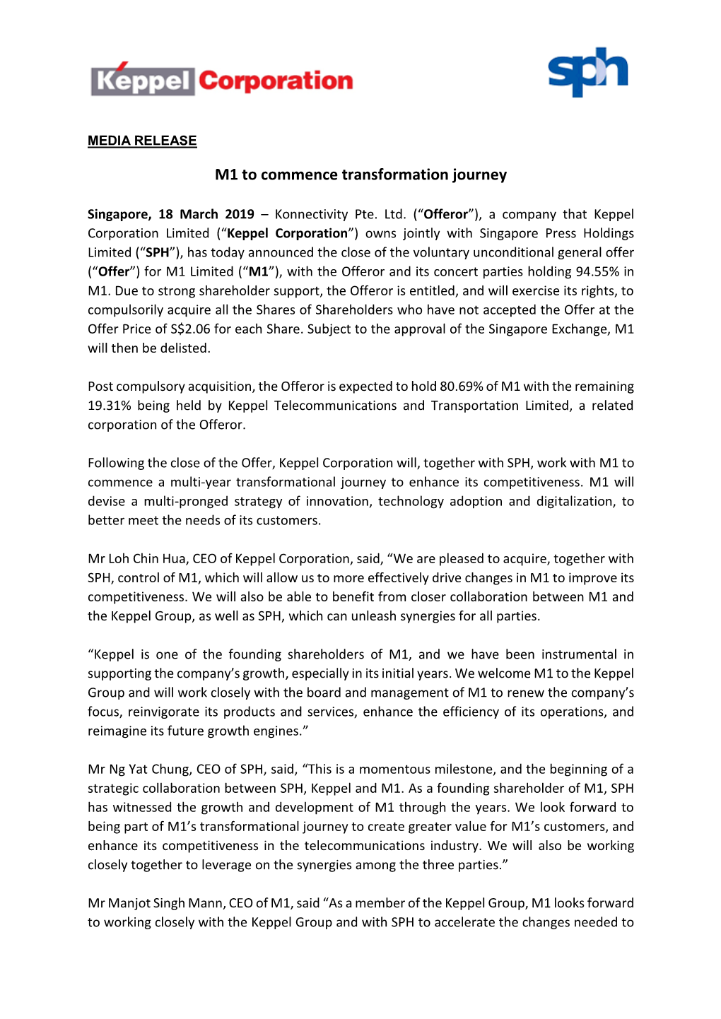 M1 to Commence Transformation Journey