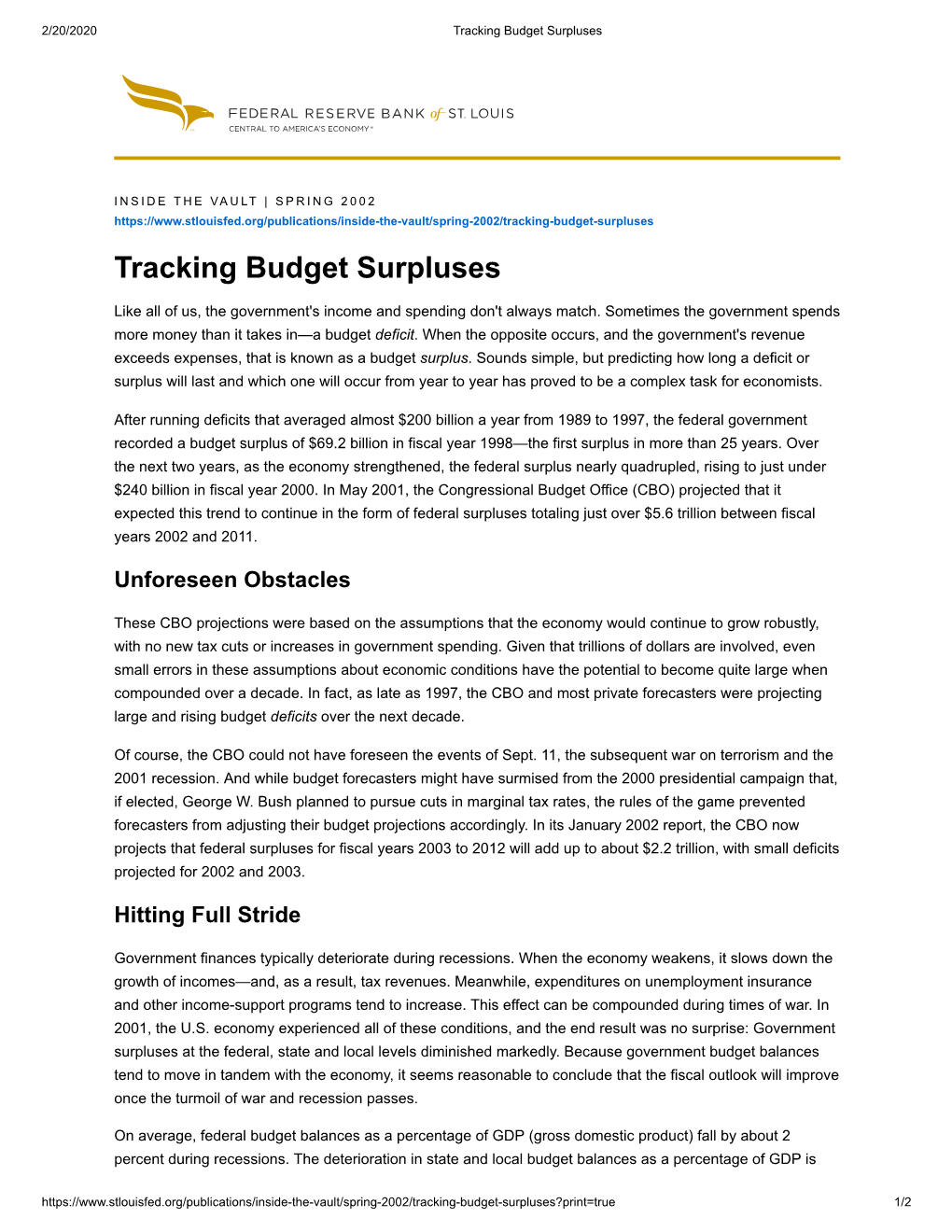 Tracking Budget Surpluses